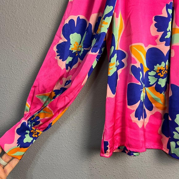 Entro Pink Bold Print Artsy Valentines Love Floral Balloon SL V Neck Blouse Sz S - Picture 2 of 13